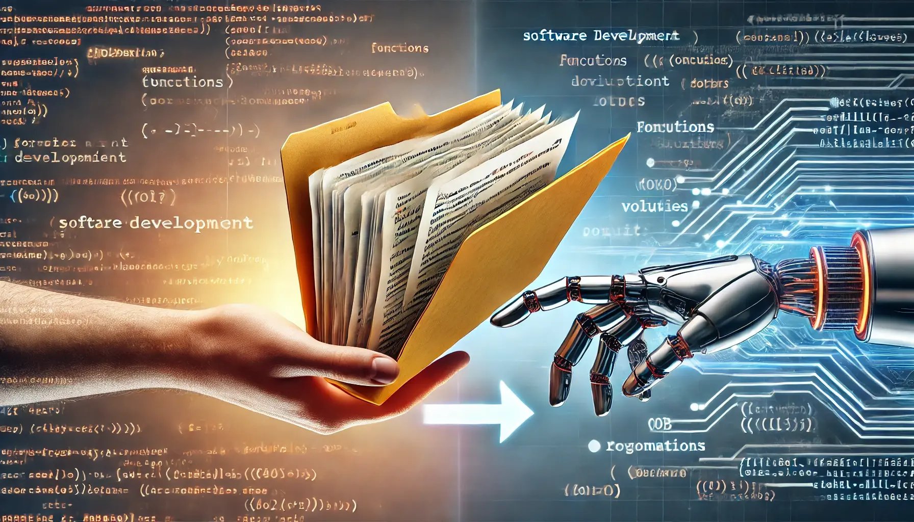DALL·E 2025-02-21 09.54.07 - A wide split-scene image showing a transition from human to machine. On the left side of the canvas, a realistic human hand is holding a file folder t