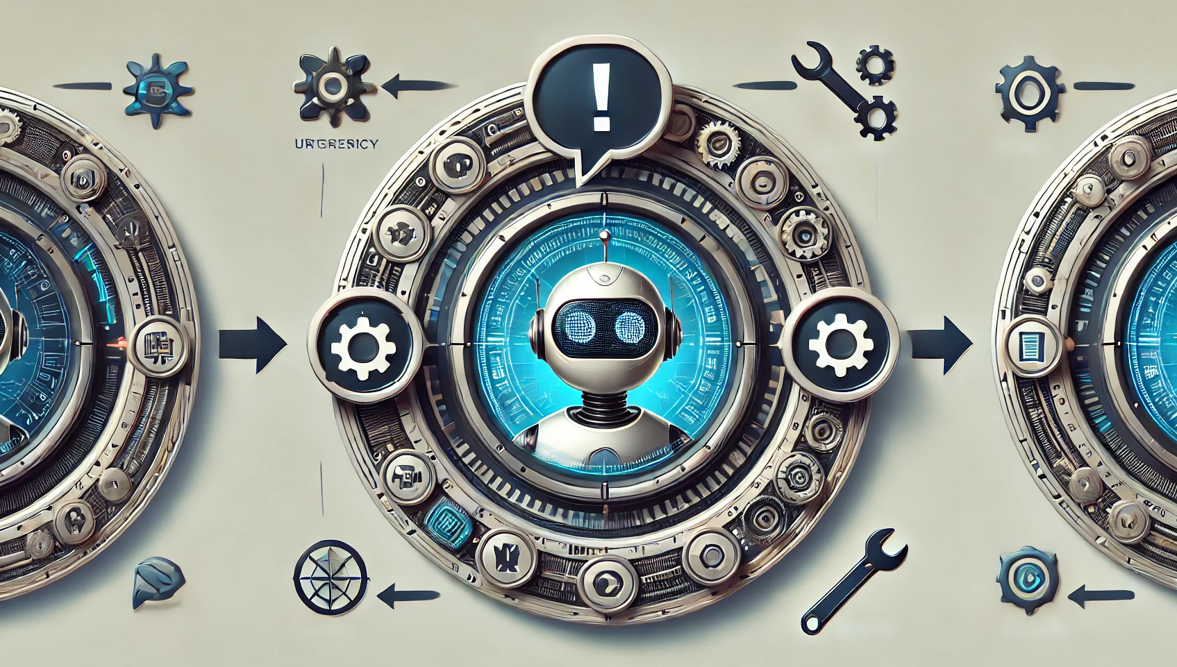 DALL·E 2025-02-21 10.06.36 - A futuristic circular process diagram with three distinct nodes and no letters, words, or text of any kind. The first node features a distressed robot