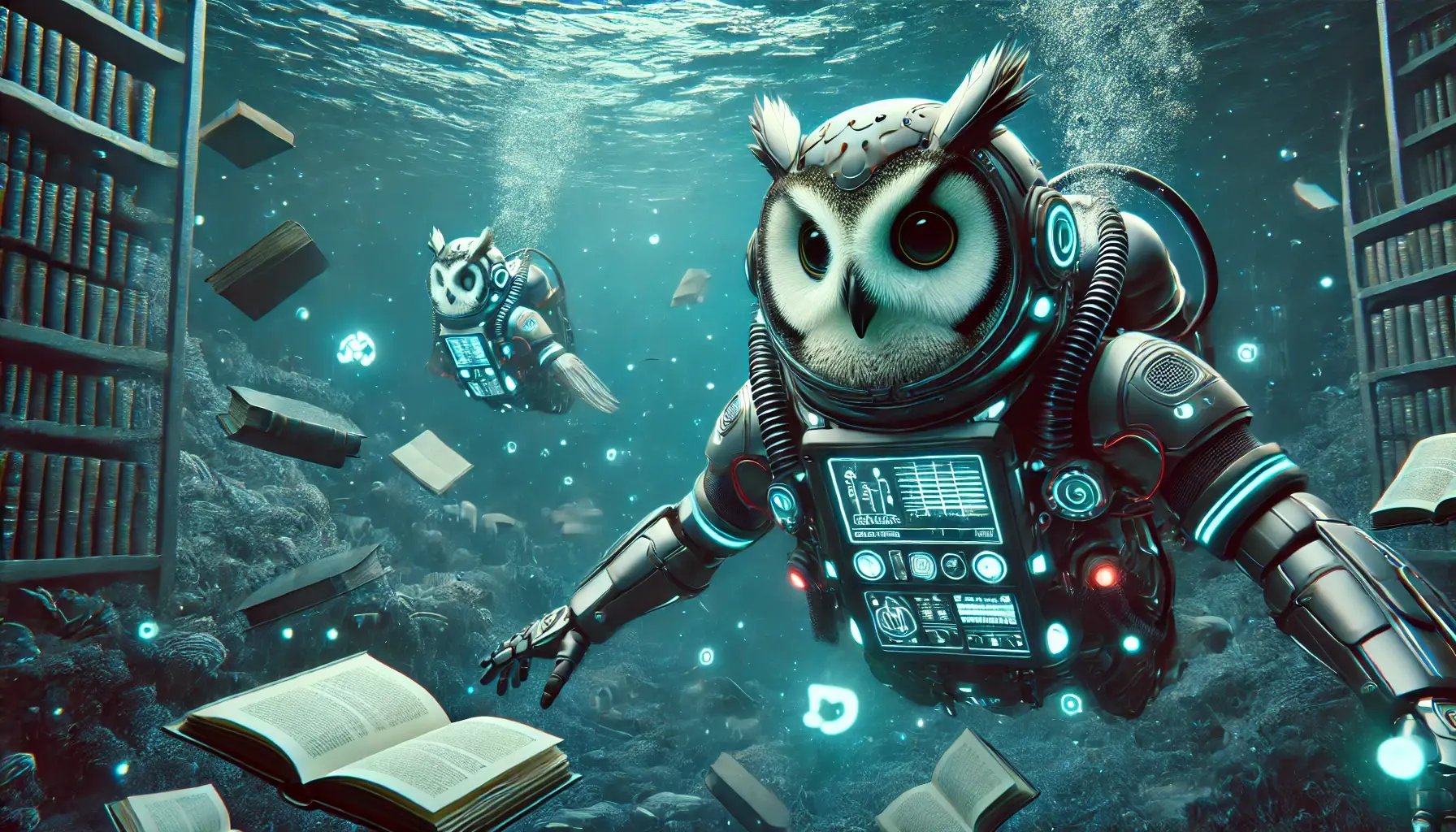 DALL·E 2025-03-18 09.20.40 - A futuristic underwater scene featuring two owl-shaped robots wearing high-tech digital aquatic protective gear, diving deep below the sea. One owl ro